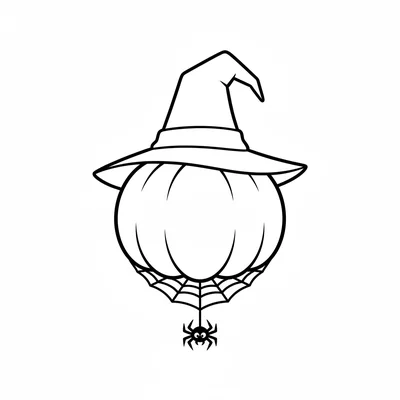 A simple round pumpkin wearing a witch hat on top and a simple spider web coloring page
