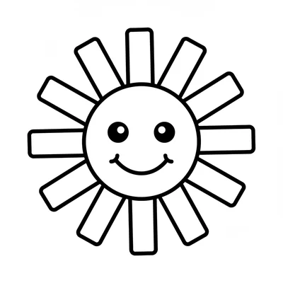 A simple round smiling sun with a circular face in the center and ten straight coloring page