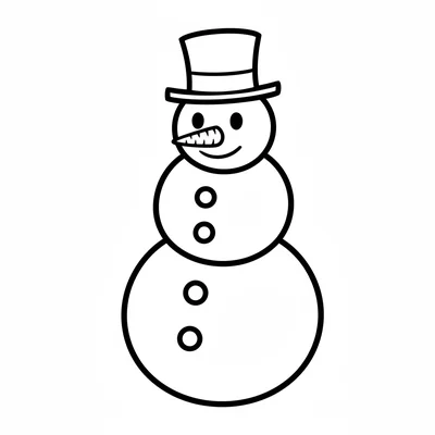 A round snowman with three stacked circles for a body, a simple top hat, two coloring page