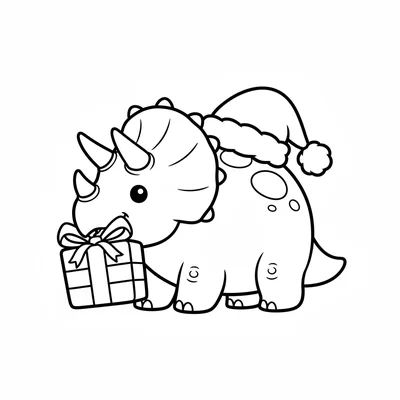 A round Triceratops wearing a Santa hat, carrying a large gift box in its beak,… coloring page