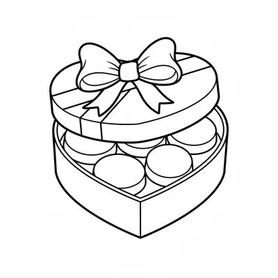 A simple round Valentine's Day heart-shaped box of chocolates, the lid slightly coloring page