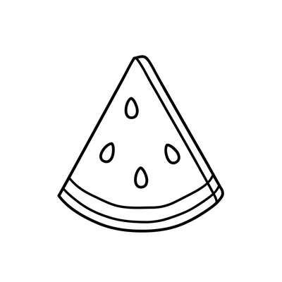 A simple round watermelon slice in a wedge shape showing the red inside, a few coloring page