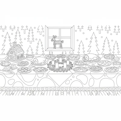 A Scandinavian Christmas julbord spread on a long table with a decorated Advent coloring page