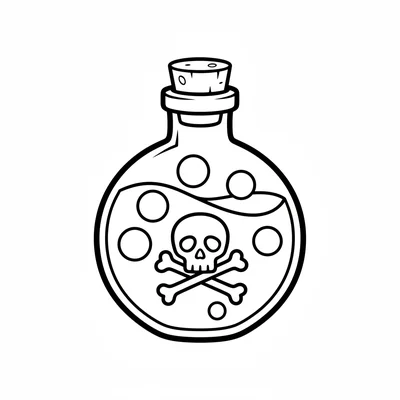 A single round potion bottle with a round cork stopper, a simple skull coloring page