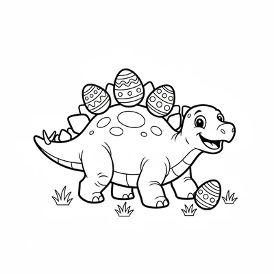 A smiling Stegosaurus with a string of large round Easter eggs balanced along i… coloring page