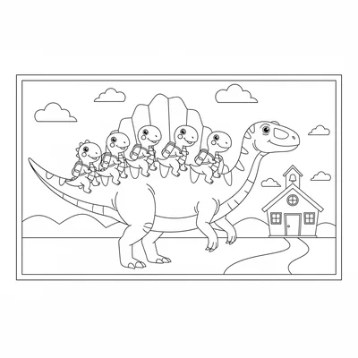 A Spinosaurus acting as the school bus, a row of baby dinos… coloring page