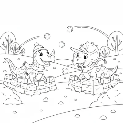 A Spinosaurus and Triceratops having a snowball fight, each behind a snow fort… coloring page