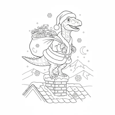 A Spinosaurus dressed as Santa Claus, its sail poking through the red coat, a b… coloring page