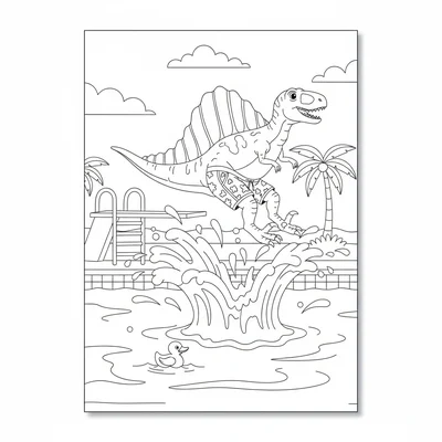 A Spinosaurus in swim trunks cannonballing into a pool, massive splash wave sha… coloring page