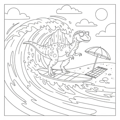 A Spinosaurus surfing a big ocean wave on a surfboard, its sail catching the br… coloring page