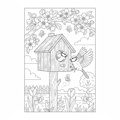 A spring bird nesting season scene with a simple bird box on a post coloring page