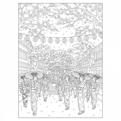 A spring Blossom Festival parade scene in Japan with a float decorated coloring page