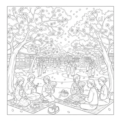 A spring cherry blossom Hanami festival scene with people seated on blankets coloring page