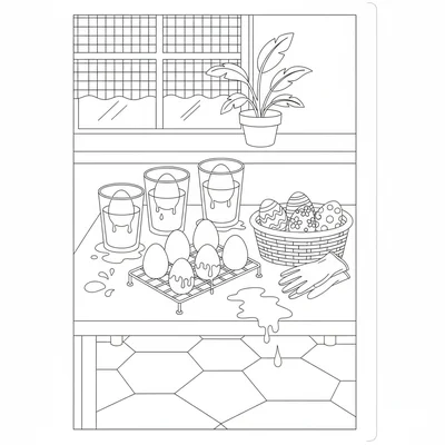 A spring Easter egg dyeing scene with a kitchen table, several cups of colored coloring page