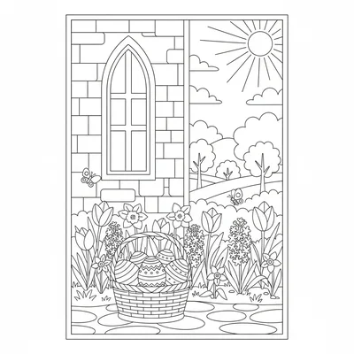 A spring Easter Sunday church garden scene with a simple white church exterior coloring page