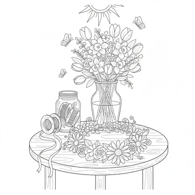 A simple spring equinox flower crown scene with a round flower crown made coloring page