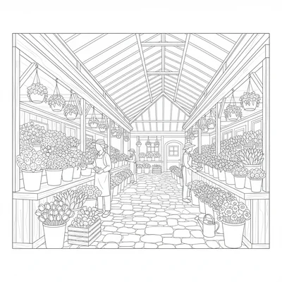 A spring flower market interior with high wooden stalls on both sides of a wide coloring page