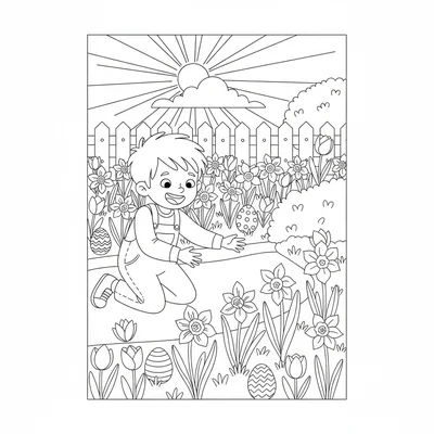A spring garden Easter morning scene with a simple garden view, three decorated coloring page