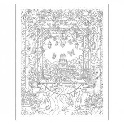 A spring garden party scene with a long table spread with flowers and bunting coloring page