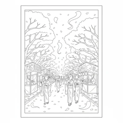 A spring Japanese flower festival street scene with cherry blossom trees lining coloring page