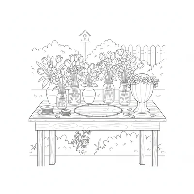 A spring May Day flower crown making scene on a garden table with a wire frame coloring page