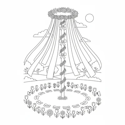 A spring Maypole dance scene with a tall maypole topped with ribbons trailing coloring page