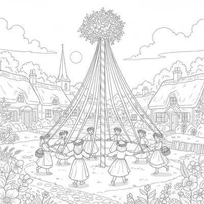 A spring maypole festival scene in a village green with a tall decorated pole coloring page