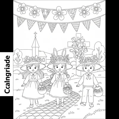 A springtime Easter parade scene with children in Easter bonnets walking along coloring page
