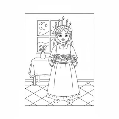 A St. Lucia Day scene with a girl in a white dress wearing a crown of candles coloring page