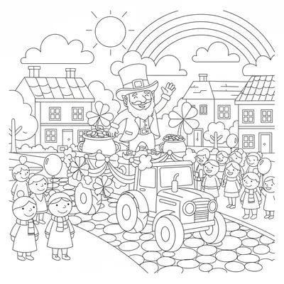 A St Patrick's Day parade float on a village street with a simple flat-bed coloring page