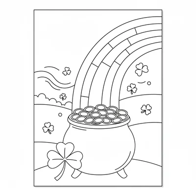 A St. Patrick's Day scene with a round pot of gold coins at the base coloring page