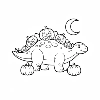 A Stegosaurus with thick plates decorated as simple jack-o-lantern faces, walki… coloring page
