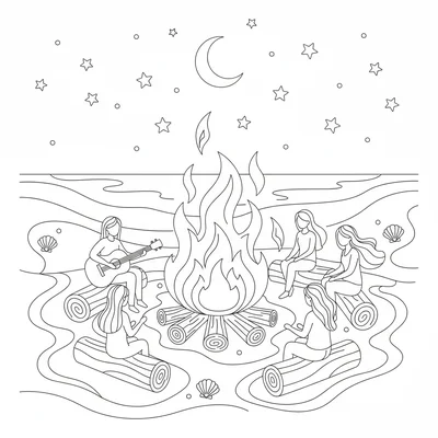 A summer beach bonfire party scene with a large bonfire on the sand, simple coloring page