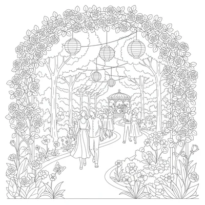 A summer botanical garden midsummer party scene with lit lanterns hung between coloring page