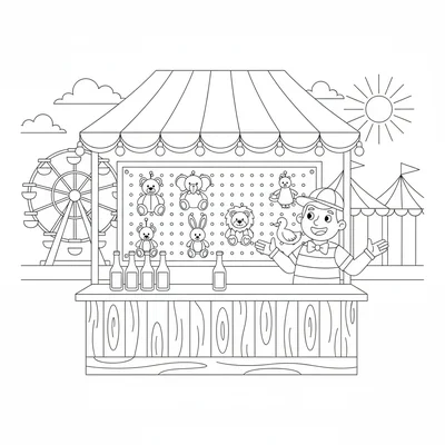 A summer carnival game booth scene with a ring toss game, six bottles arranged coloring page
