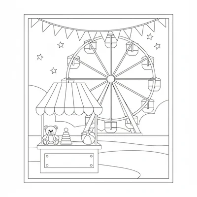 A summer carnival scene with a large Ferris wheel outline in the background coloring page