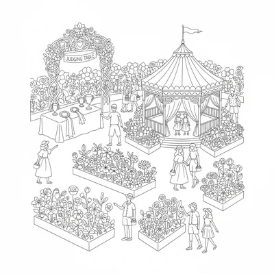 A summer flower festival scene with a pavilion tent surrounded by blooming coloring page