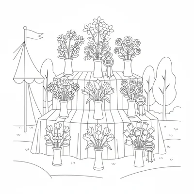A summer flower show display with a three-tiered exhibition table, rows coloring page