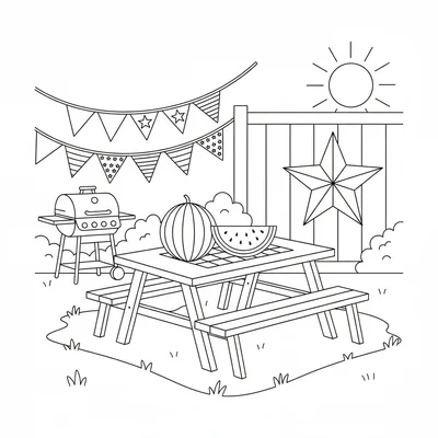 A summer Fourth of July backyard scene with a simple picnic table spread coloring page