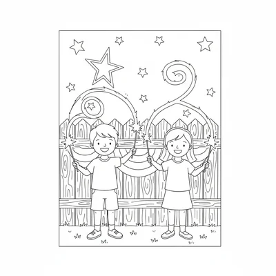 A summer Fourth of July sparkler scene with two children holding sparklers coloring page