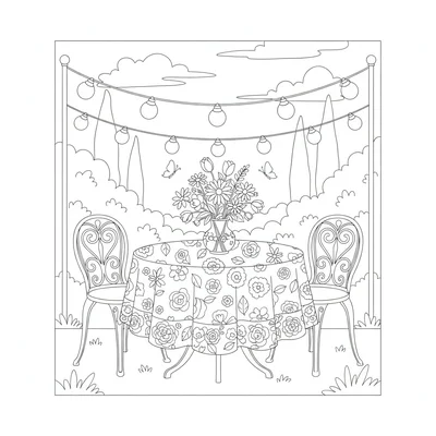 A summer garden party scene with a round table covered in a floral cloth coloring page