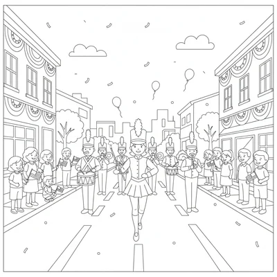 A summer Independence Day parade scene with a marching band section coloring page