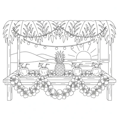 A summer outdoor luau scene with a long table set with flower garlands as table coloring page