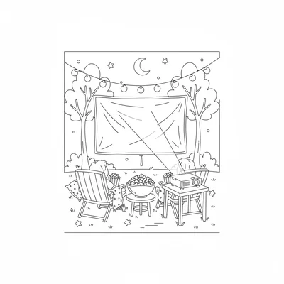 A summer outdoor movie night scene with a simple white sheet screen strung coloring page