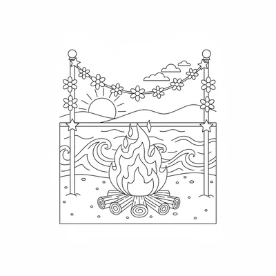 A summer solstice bonfire on a beach scene with a medium bonfire on the sand coloring page
