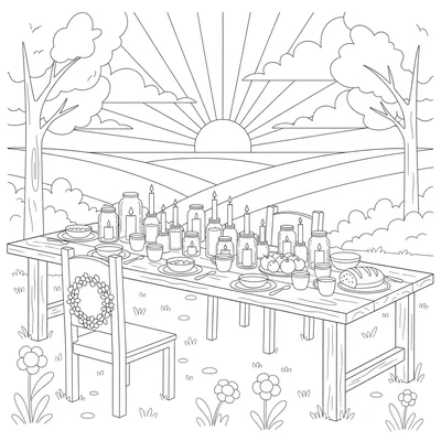 A summer solstice outdoor table scene at twilight with a long table set coloring page