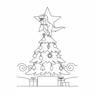 A T-Rex as the star on top of a Christmas tree, perched at the very peak with a… coloring page