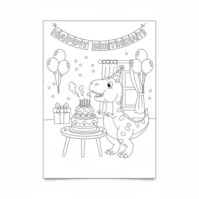 A T-Rex blowing out candles on a three-tier birthday cake, cheeks puffed out, a… coloring page