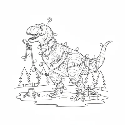 A T-Rex completely tangled in a string of Christmas lights, bulbs wrapped aroun… coloring page