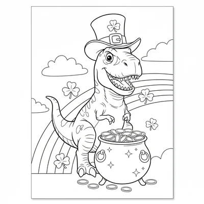 A T-Rex in a leprechaun hat sitting at the end of a rainbow, guarding a pot of… coloring page